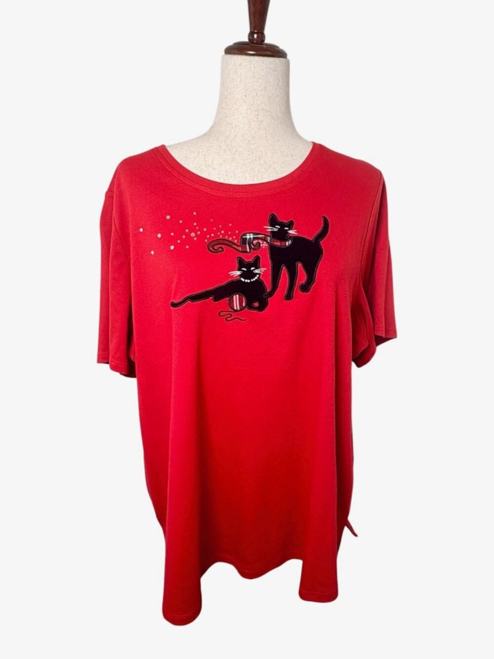 Allison Daley Red Black Cat Appliqué T-Shirt Whimsical Twee Size 2X